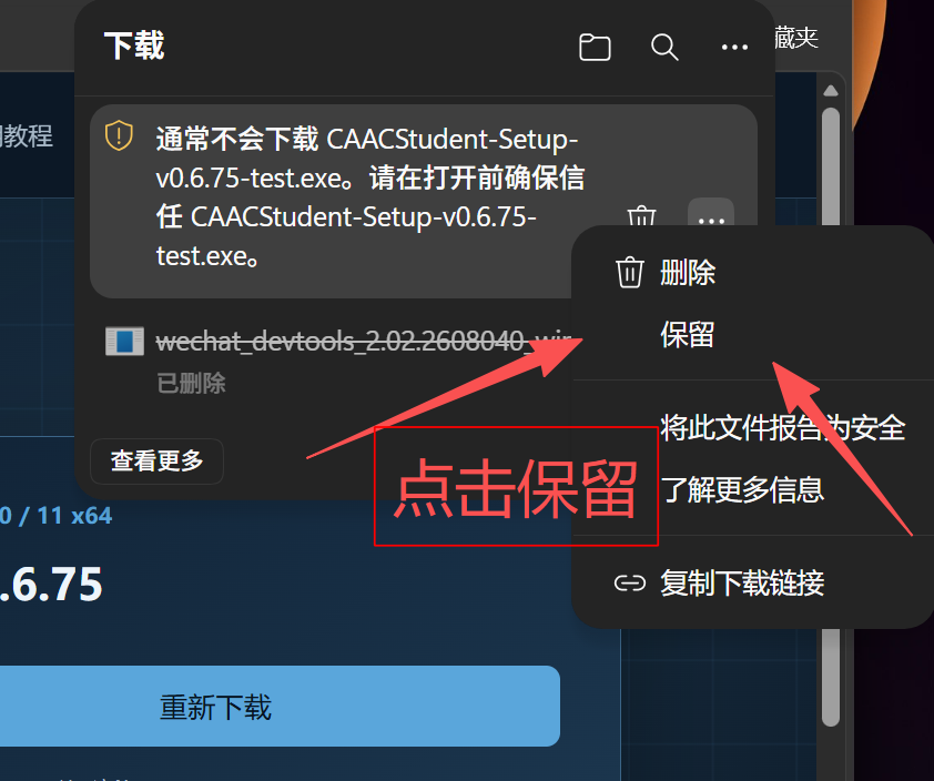 Edge 下载菜单中的保留选项